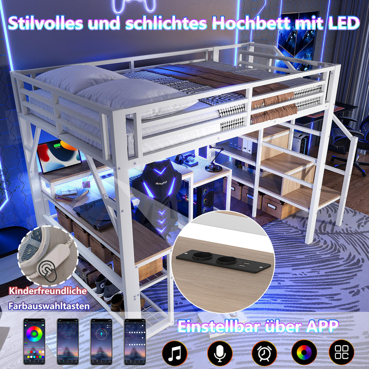 HOCHBETT 140x200cm Weiß Metall LED-Licht Schreibtisch USB - Weiß, Metall (140/200cm) - FLIEKS