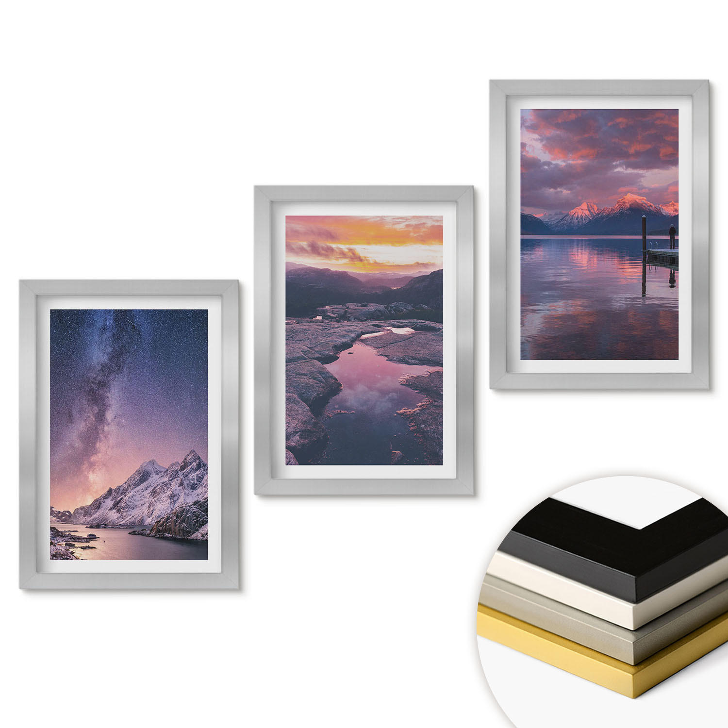 WANDBILDER 3er Set - 20x30 cm Silberner Rahmen - Berge, Wasser, wunderschöne Landschaften - Silberfarben, Kunststoff (20/30cm) - ArtPrintCave