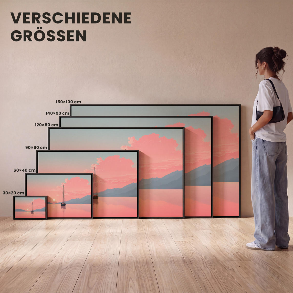 LEINWAND Bilder mit Rahmen - Segelboot - Rosa Meer - Sonnenuntergang - Berge - 60x40 - Rosa, Textil (60/40cm) - OnlyWow