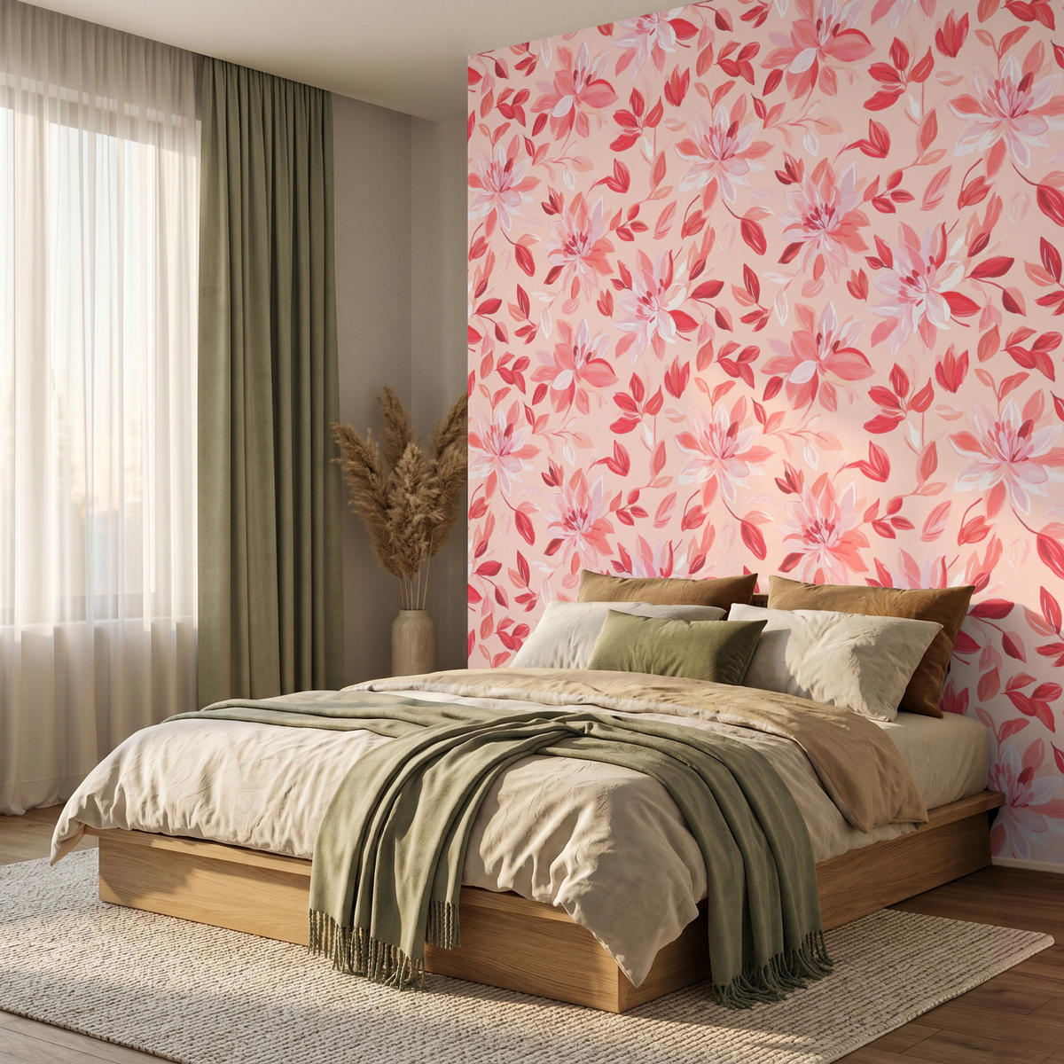 TAPETE - Botanisch - Blumen - Rot - 220x280 cm - Koralle, Papier (220/280cm) - OnlyWow
