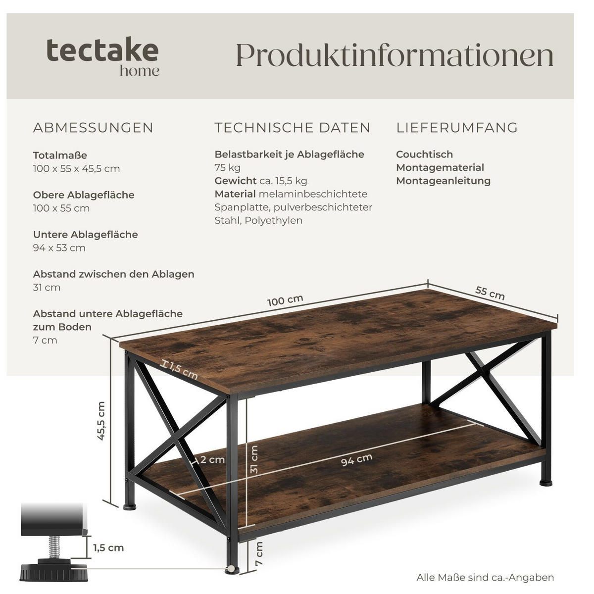 COUCHTISCH Pittsburgh,100 x 55 x 45,5 cm,Industrial Holz dunkel, rustikal - Rostfarben, Holzwerkstoff (100/55/45.5cm) - tectake