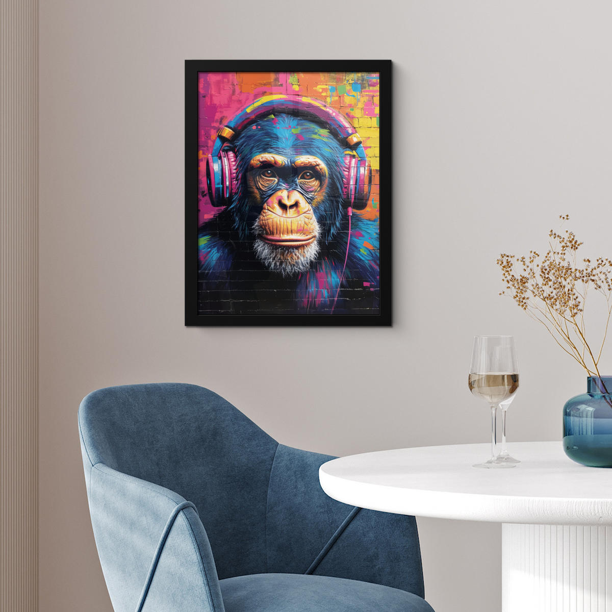 GERAHMTES BILD Graffiti - Schimpanse - Straßenkunst - Kopfhörer - Affe 30x40 cm - Blau, Papier (30/40cm) - MuchoWow