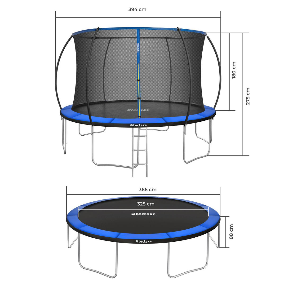 TRAMPOLIN Jumpy, inklusive Einstiegsleiter, schwarz/blau - Blau/Schwarz, Metall (394/275/394cm) - tectake