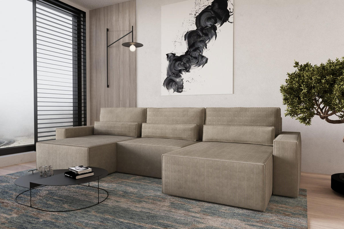 WOHNLANDSCHAFT DENVER U mini - Dunkelbeige - Beige, Holzwerkstoff (350/92/162cm) - Möblo