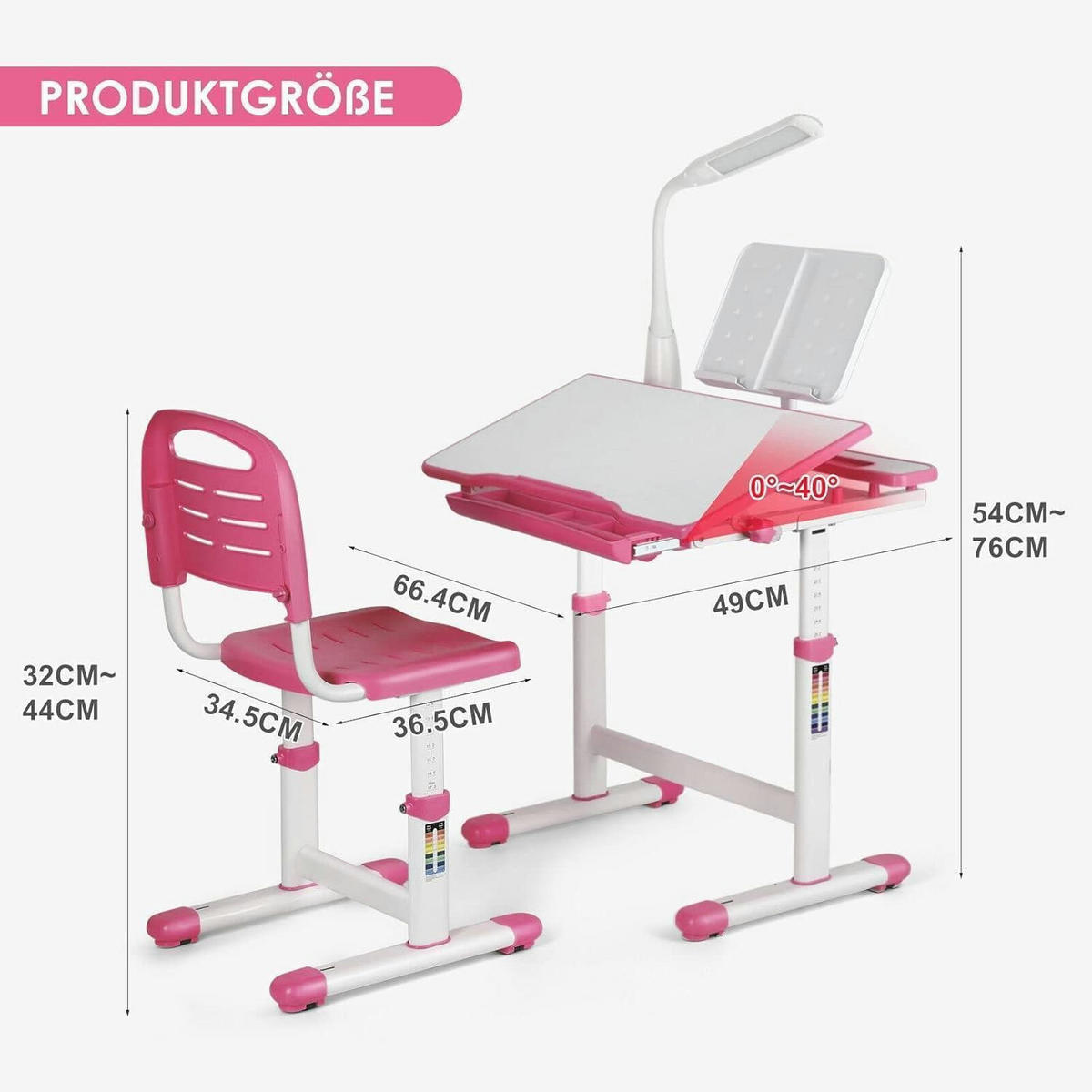 KINDERSCHREIBTISCH-SET höhenverstellbar mit Lampe und Schublade Rosa - Multicolor, Kunststoff (49/76/66.4cm)