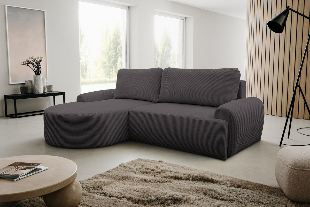 ECKSOFA Dream Cord in L-Form mit Schlaffunktion und Bettkasten, Farbe: Grau, Cordstoff, Ottomane Links - Grau, Textil (136/260cm) - VENASI MÖBEL