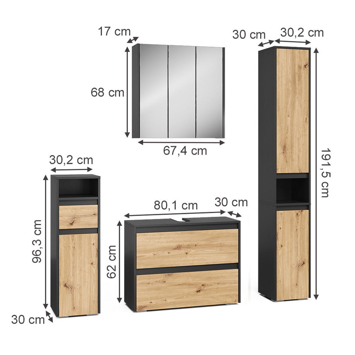 BADMÖBEL-SET Majest Anthrazit/Artisan 4 Teile - Anthrazit/Hellgrau, Holzwerkstoff (30.2/96.3/30cm) - Vicco