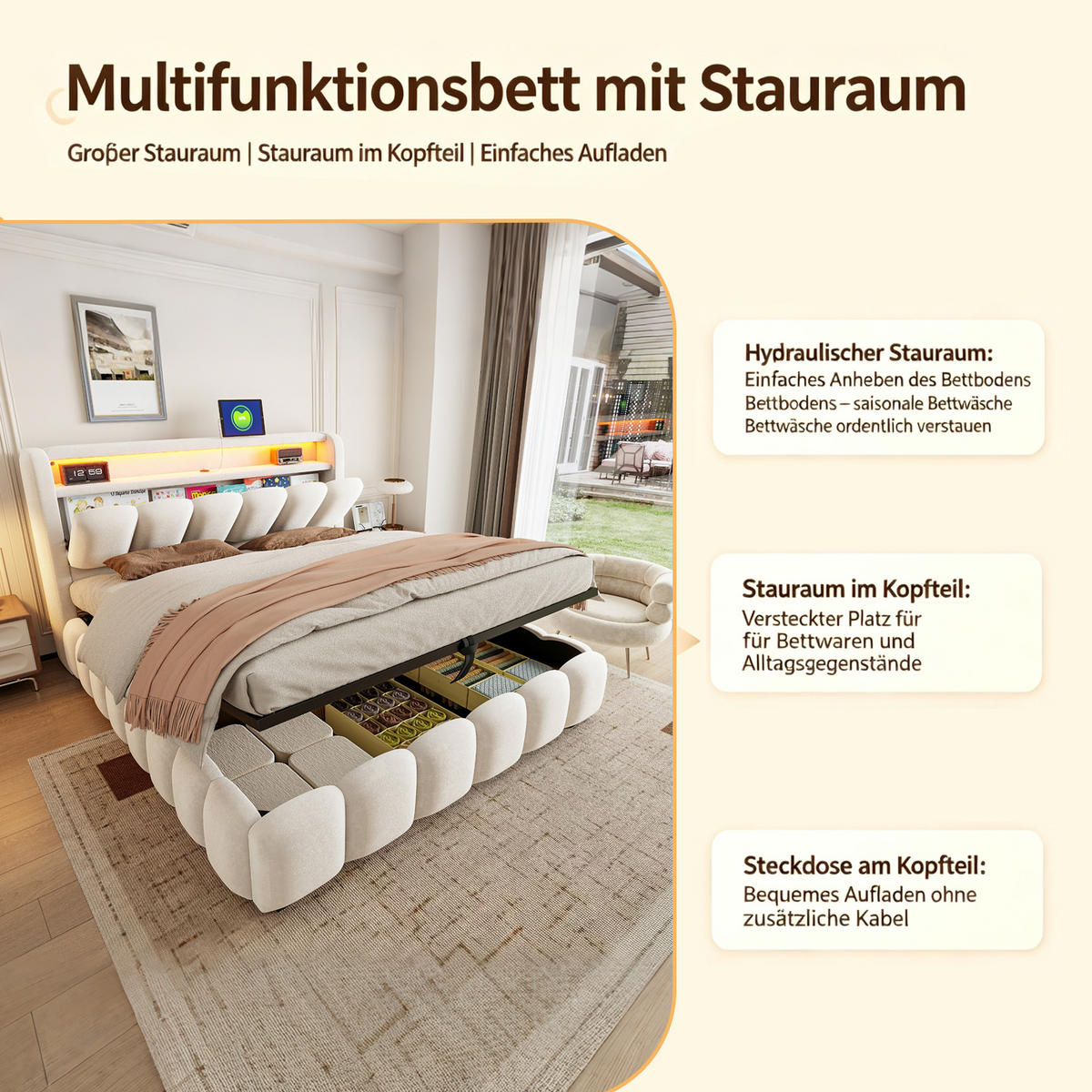 BOXBETT 180/200 mit LED/USB-C, Samt, Beige - Beige, Holz (180/200cm) - LVHOM