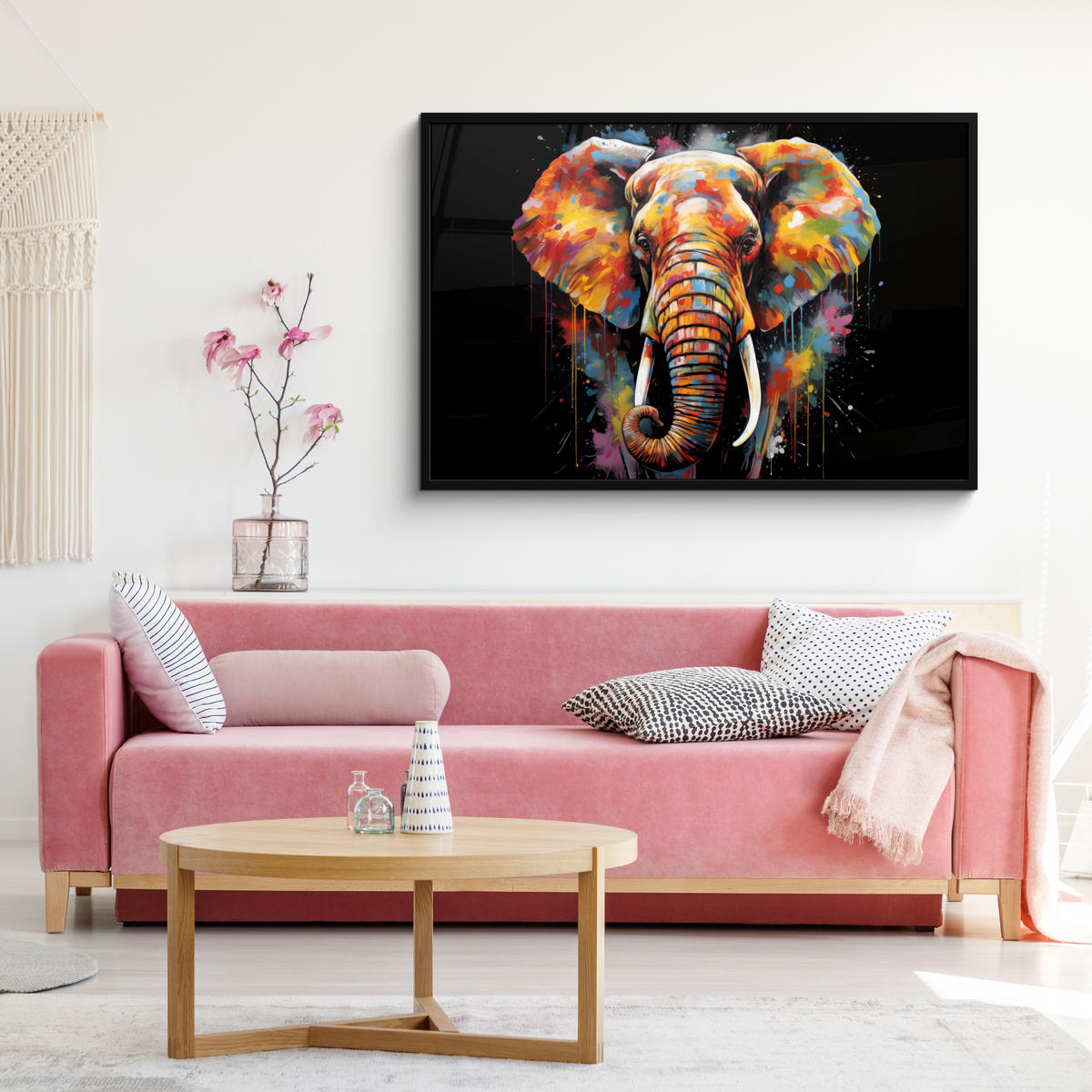 POSTER MIT RAHMENGERAHMTES BILD Elefant - Graffiti - Schwarz - Tiere - Farben 120x80 cm - Schwarz, Papier (120/80cm) - MuchoWow