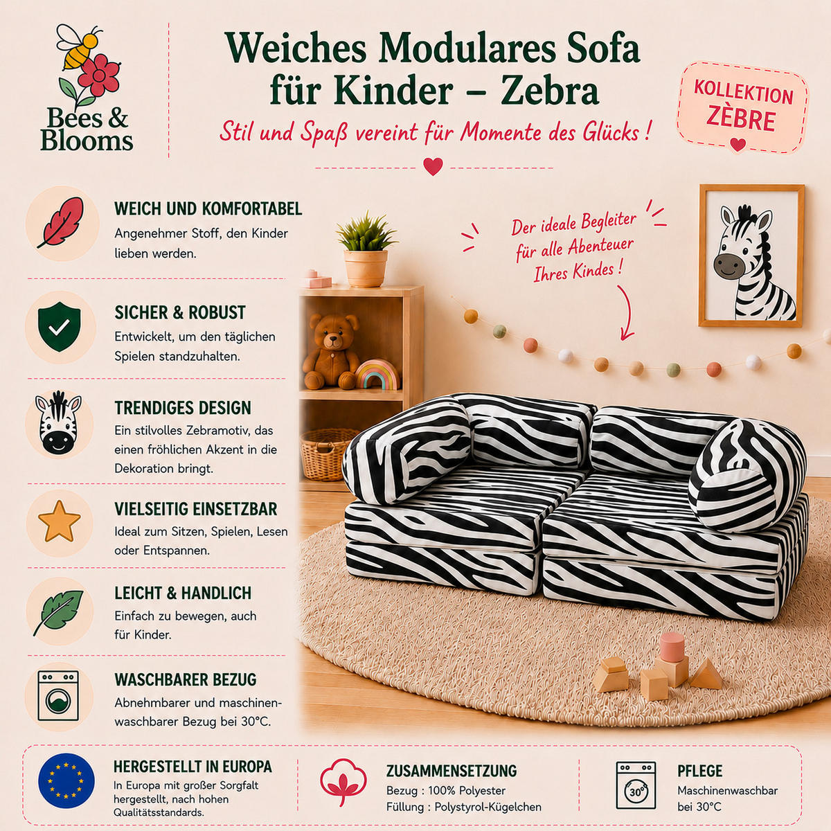 MODULARES Kindersofa Zebra – weiches Spielsofa zum Spielen und Entspannen - Weiß, Textil (142/25/71cm) - Bees & Blooms