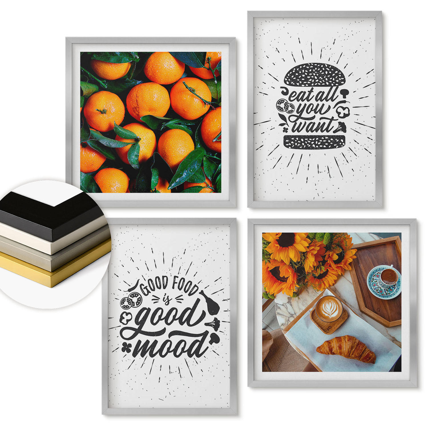 WANDBILDER 4er Set - 50x50 cm & 40x60 cm Silberner Rahmen - Juicy Oranges Kitchen - Silberfarben, Kunststoff (50/50cm) - ArtPrintCave