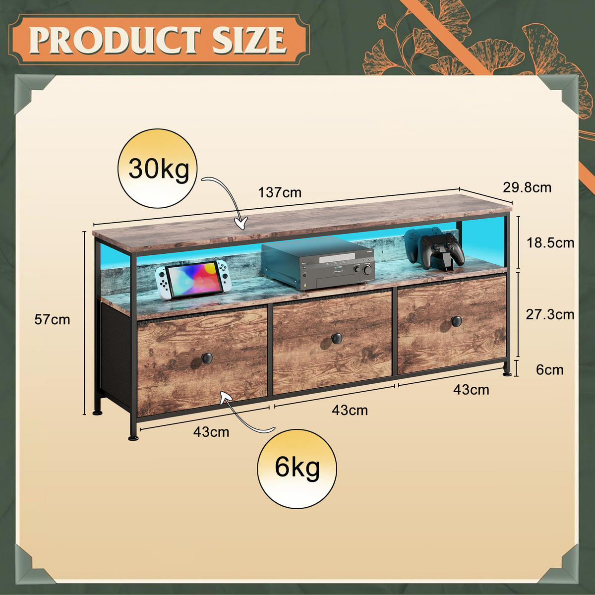 LED-TV-BORD 137 cm med tigerträlook och vintage-tyg i lådor - Multicolor, Träbaserade material (29.8/57/137cm) - SHOPENTRA
