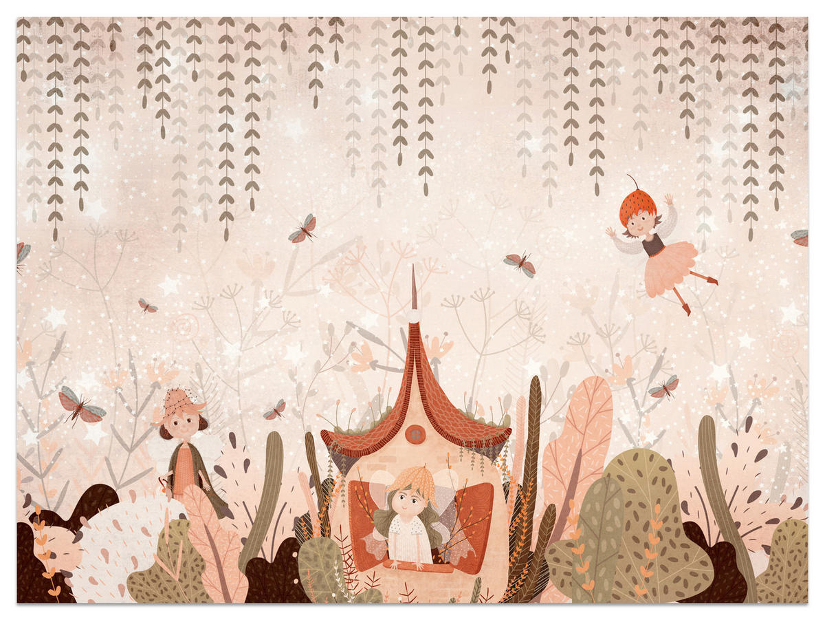 FOTOTAPETE für Kinderzimmer Feen Aquarell Wald Blumen Blätter Boho 150x105 - Beige/Orange, Papier (150/105cm) - Muralo