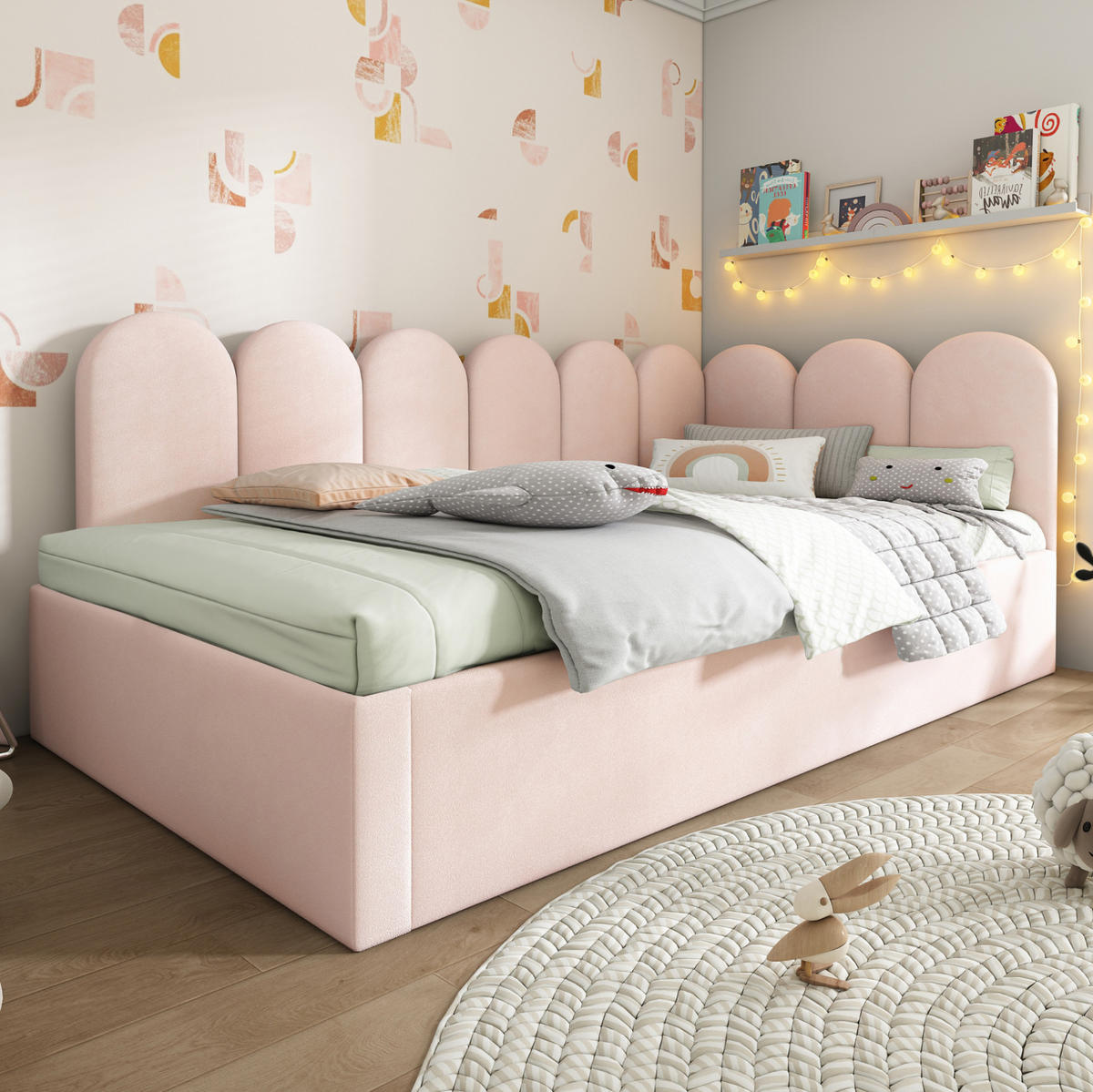 POSTEL 97/203/76 cm růžová sametová s výsuvným lůžkem - růžová, textil (90/200cm) - BEAOK
