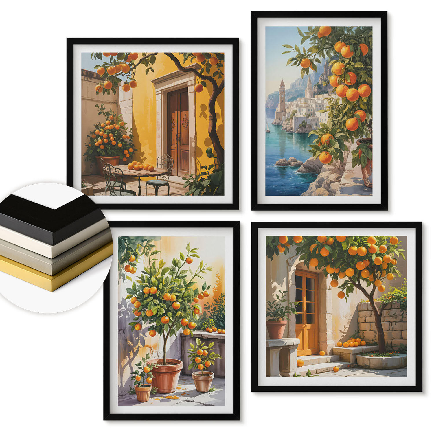 WANDBILDER 4er-Set - 50x50 cm & 40x60 cm Schwarzer Rahmen - Gemalte Zitruslandschaften - Schwarz, Kunststoff (50/50cm) - ArtPrintCave