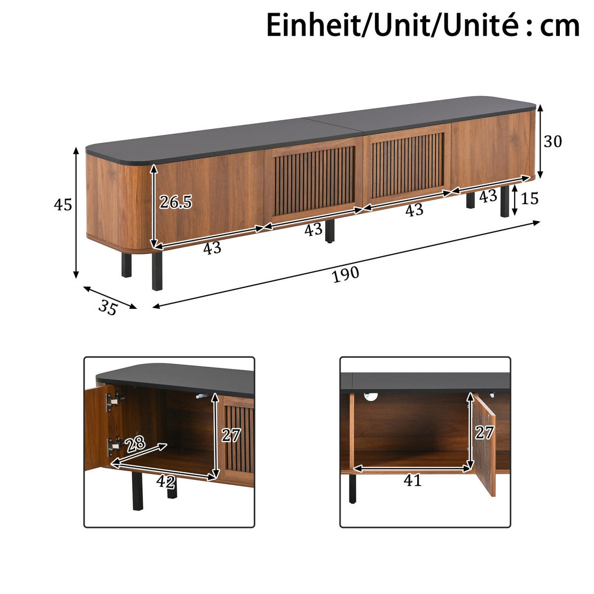 TV-LOWBOARD 190 x 35 x 45 cm, Türen in Rattanoptik, Stauraum, Metallfüße, Walnuss - Walnussfarben, Holzwerkstoff (190/45/35cm)
