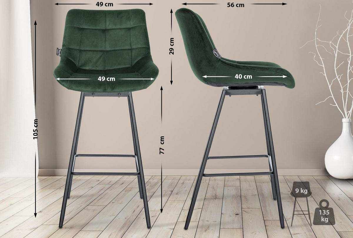 BARHOCKER Samt dunkelgrün - Dunkelgrün/Schwarz, Textil/Metall (49/105/56cm) - CLP