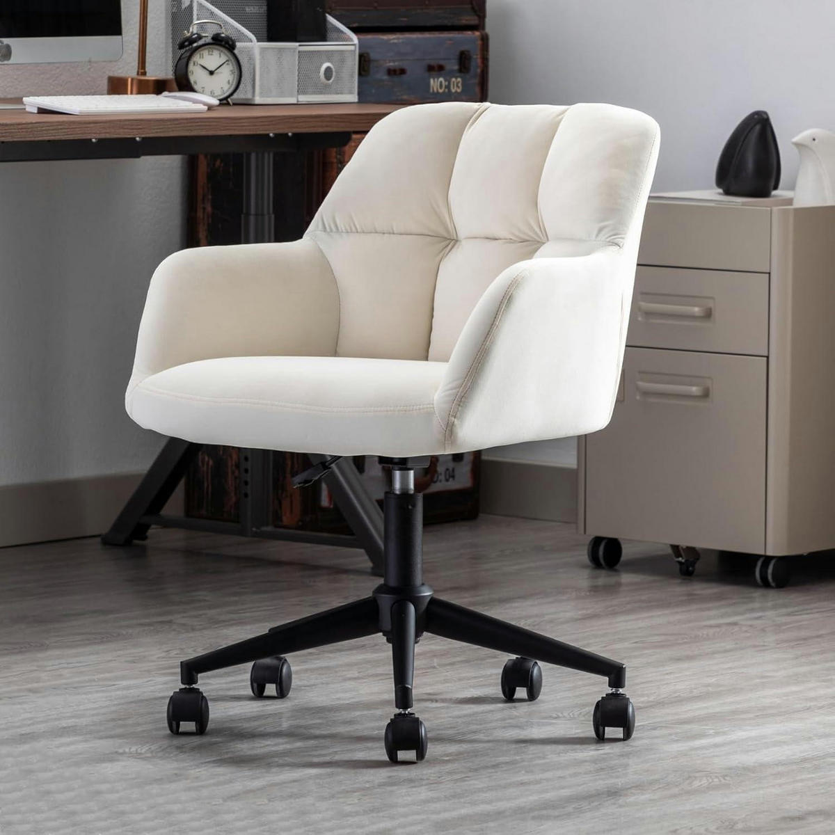 SCHREIBTISCHSTUHL Samt Beige mit Rollen - Creme, Textil (59/89/59cm)