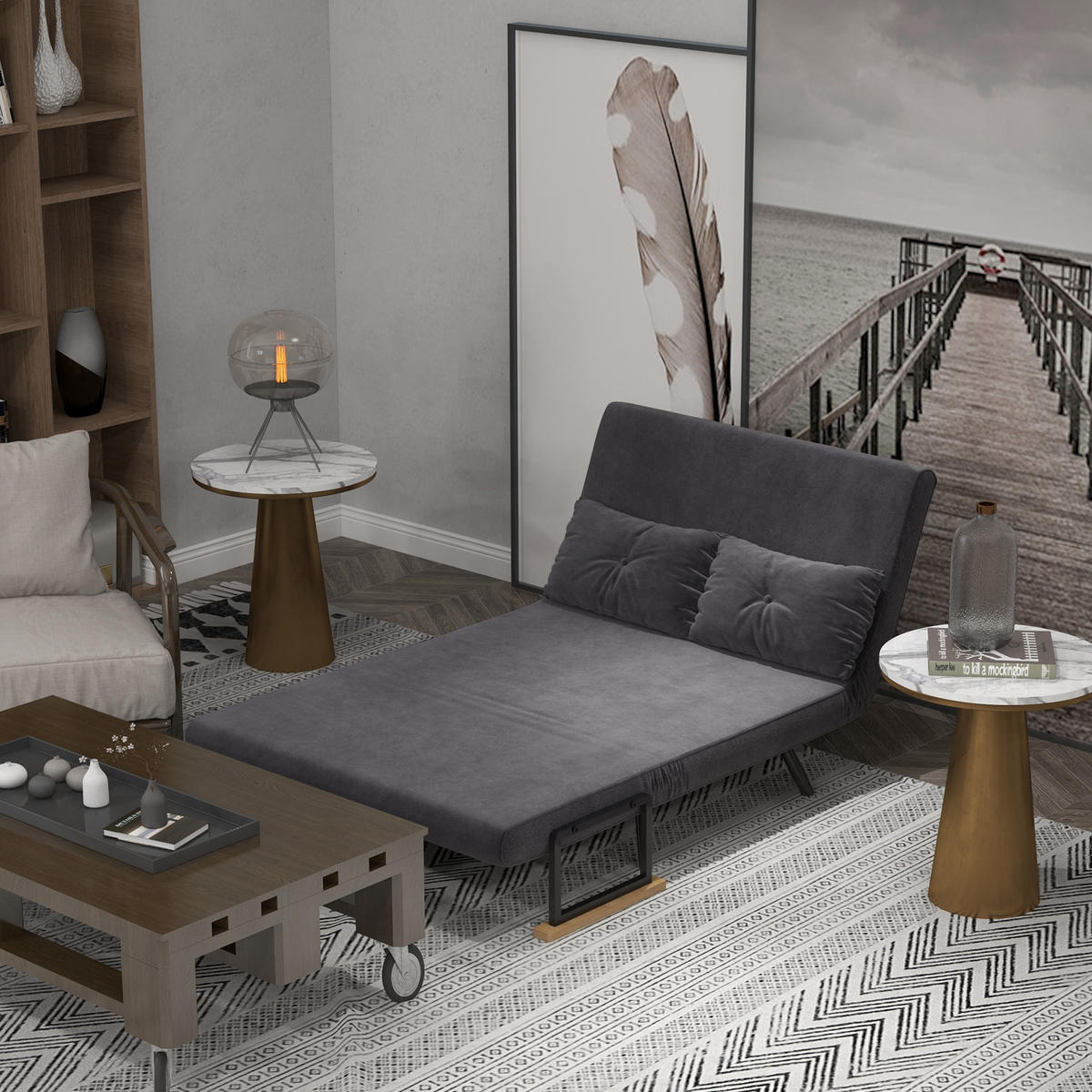 SCHLAFSOFA, Zweisitzer mit Bettfunktion, Schlafcouch mit Samtoptik, Rückenkissen - Dunkelgrau/Schwarz, Holz/Textil (73/81/102cm) - HOMCOM