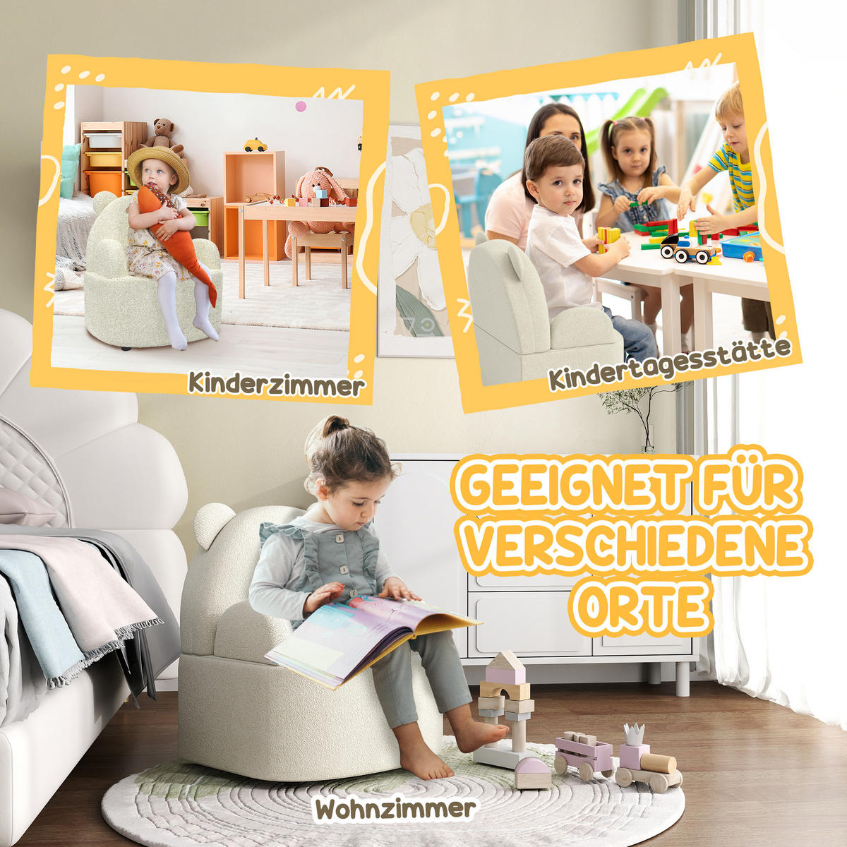 KINDERSESSEL Kindersofa mit weicher Teddyfleece Bärenform für Kinder ab 1,5Jahre - Beige/Schwarz, Holz/Kunststoff (48/59/52cm) - AIYAPLAY