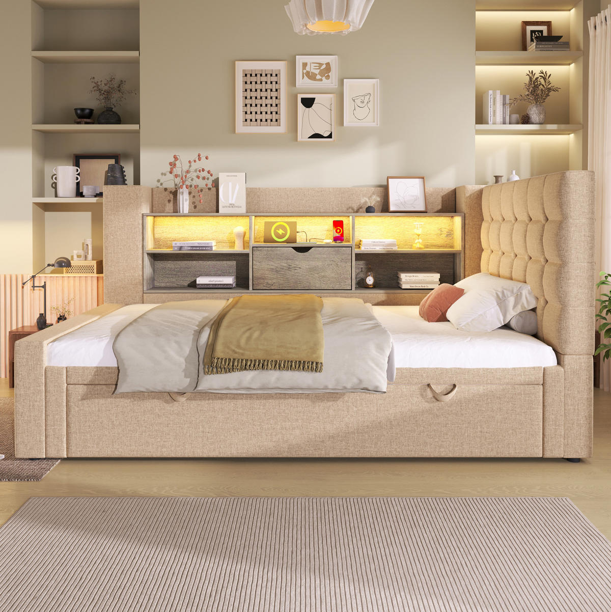 BETT mit Ausziehbett und Stauraum 90x200 cm Leinen Beige - Beige, Metall (90/200cm) - Meubliv