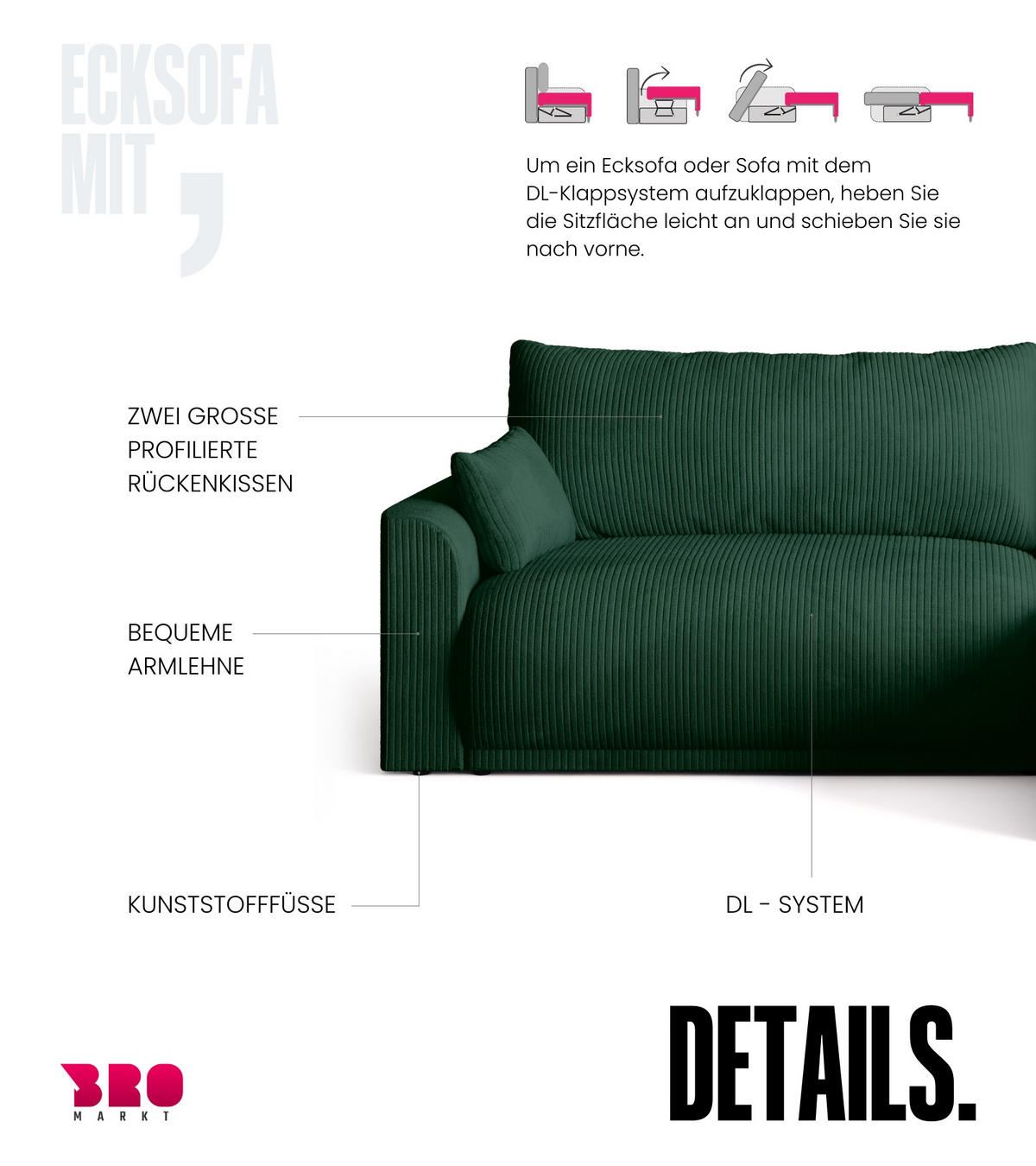 ECKSOFA MORENO mit Schlaffunktion Grün Cord - Dunkelgrün, Textil (262/160cm) - Bromarkt