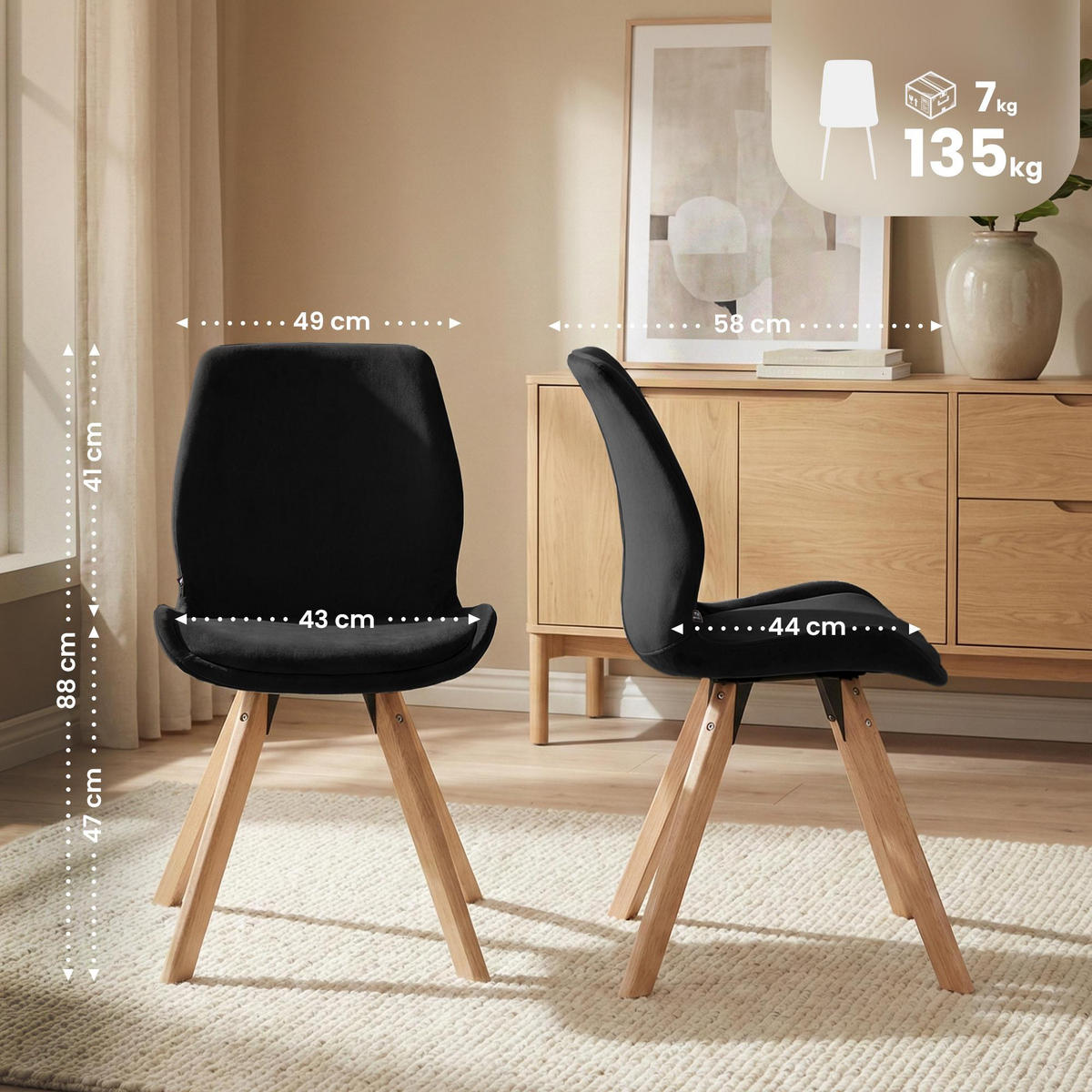 STUHL 2er Set Samt schwarz - Eukalyptusholzfarben/Schwarz, Holz/Textil (49/87/58cm) - CLP