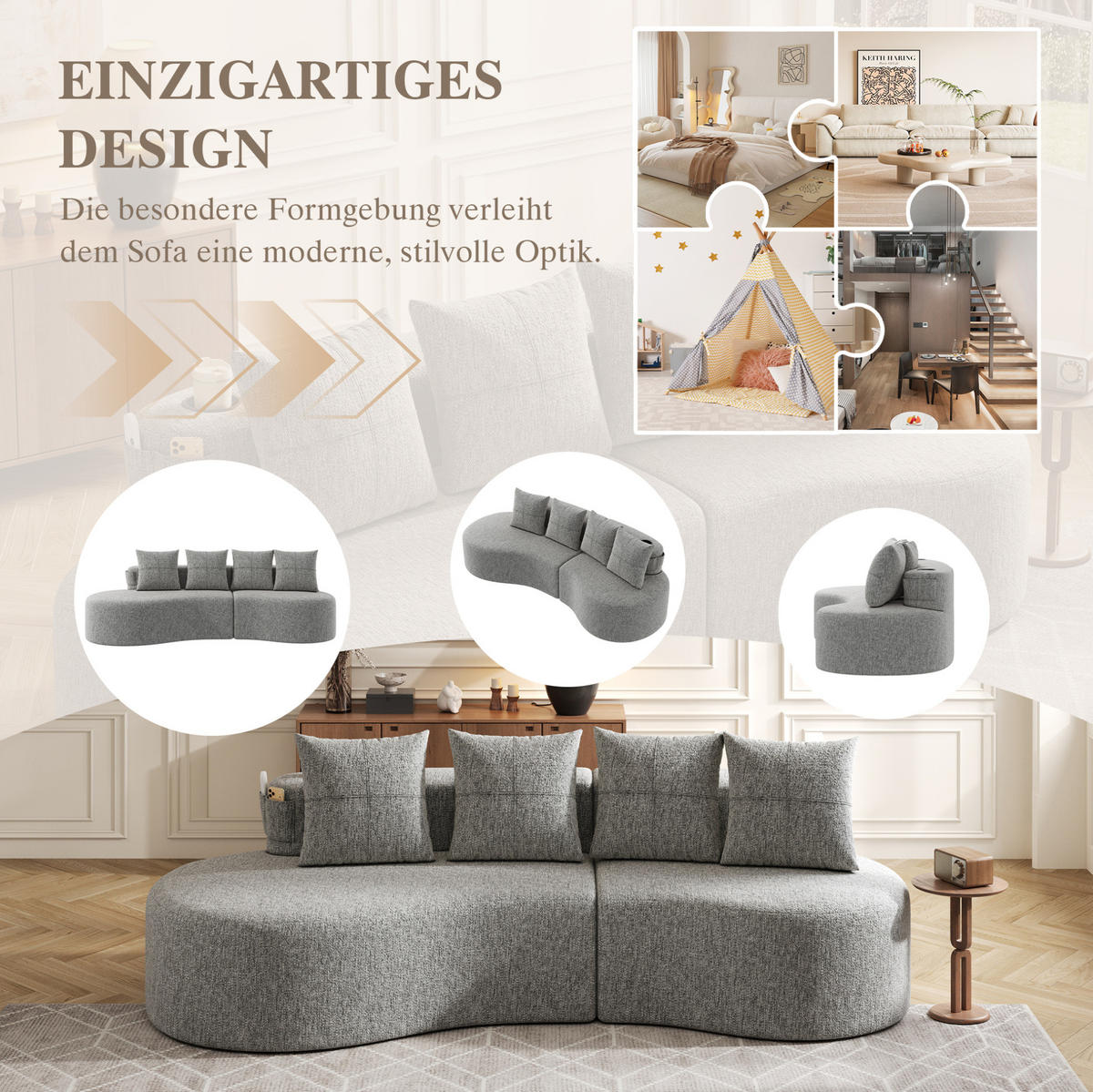 SOFA 240/109/60 cm in Hellgrau mit 4 Kissen, Becherhaltern und Seitentaschen - Hellgrau, Textil (109/63/240cm) - Flora Grace