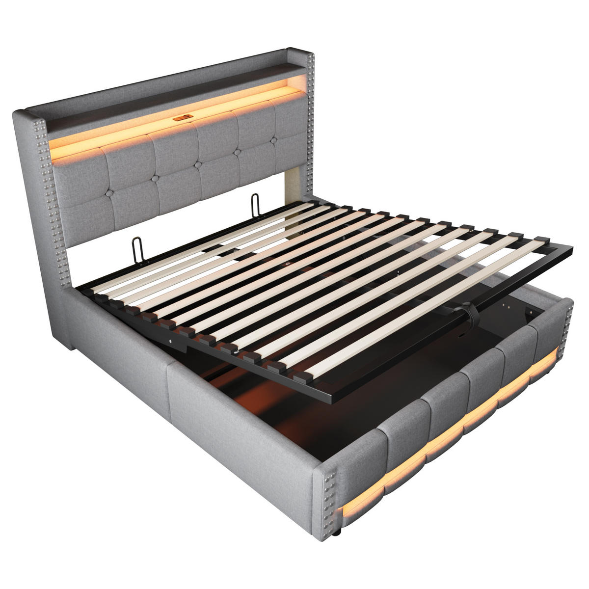 POLSTERBETT 160/200 cm hellgrau mit LED-Beleuchtung und USB-Steckdose - Hellgrau, Textil (160/200cm) - OKWISH