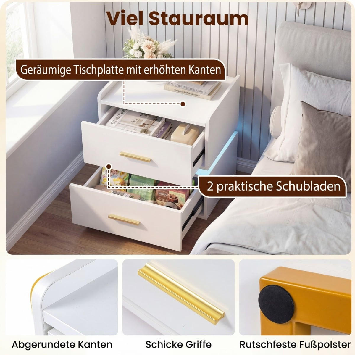 NACHTTISCH mit LED-Ladestation, 2 Schubladen, halb-schwebendes Design, Metallfuß, Schwarz/Weiß - Multicolor/Schwarz, Holzwerkstoff/Metall (45/48/40cm) - DESIGN IN