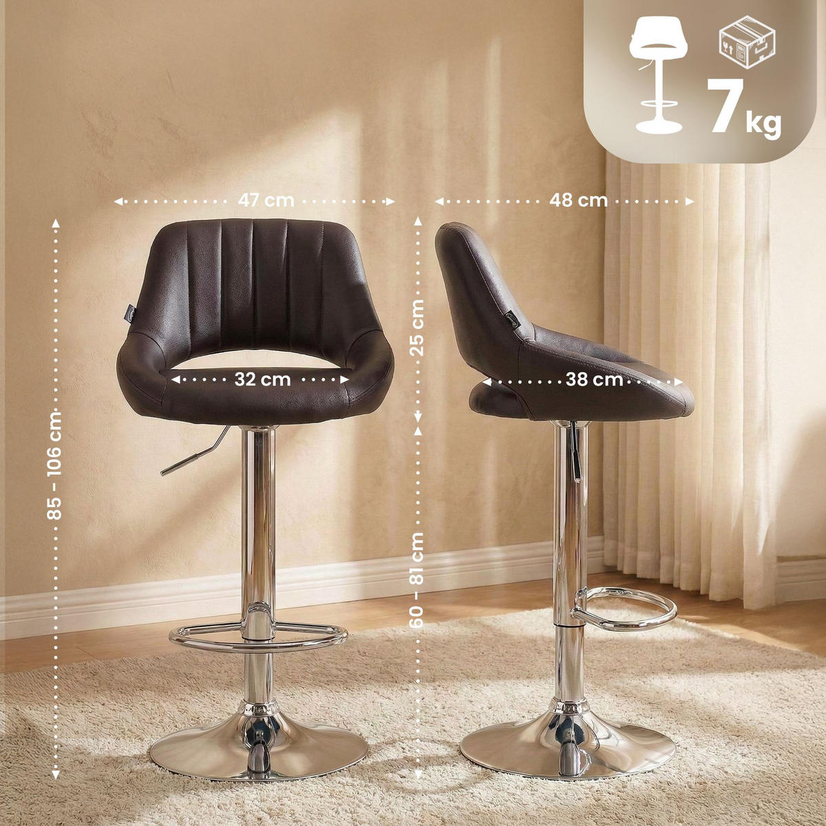 BARHOCKER Lederlook Braun - Chromfarben/Braun, Textil/Metall (47/85/48cm) - CLP