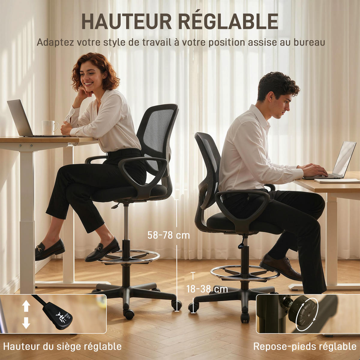 DREHSTUHL DE-11843 mit Fußring & höhenverstellbar Schwarz - Schwarz, Textil (58/123/59cm) - ComfortXL