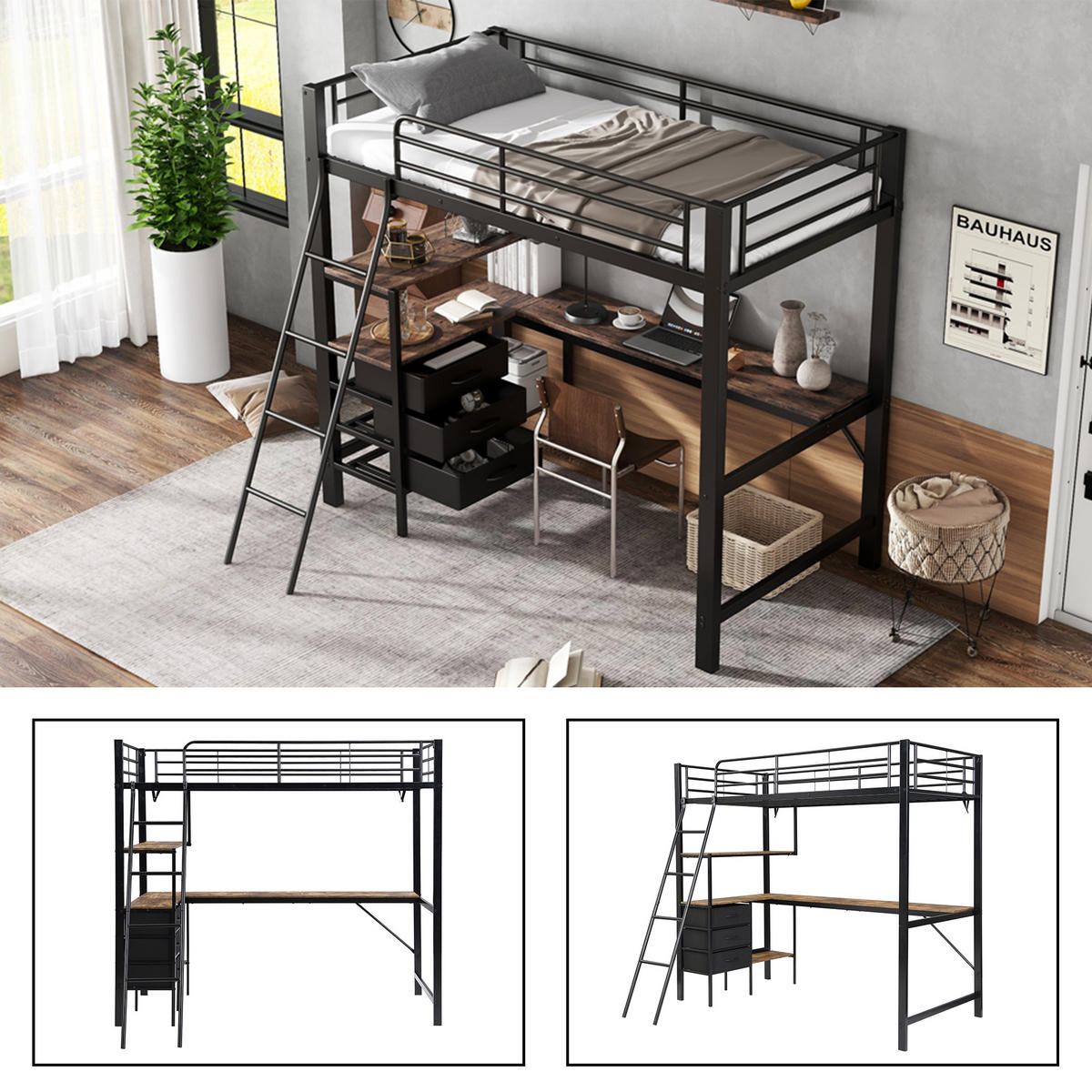 ETAGENBETT 90/200 cm in Schwarz & Dunkler Walnuss mit 3 Schubladen, Tisch und Regal - Schwarz, Holzwerkstoff/Metall (90/200cm) - CHICFURN