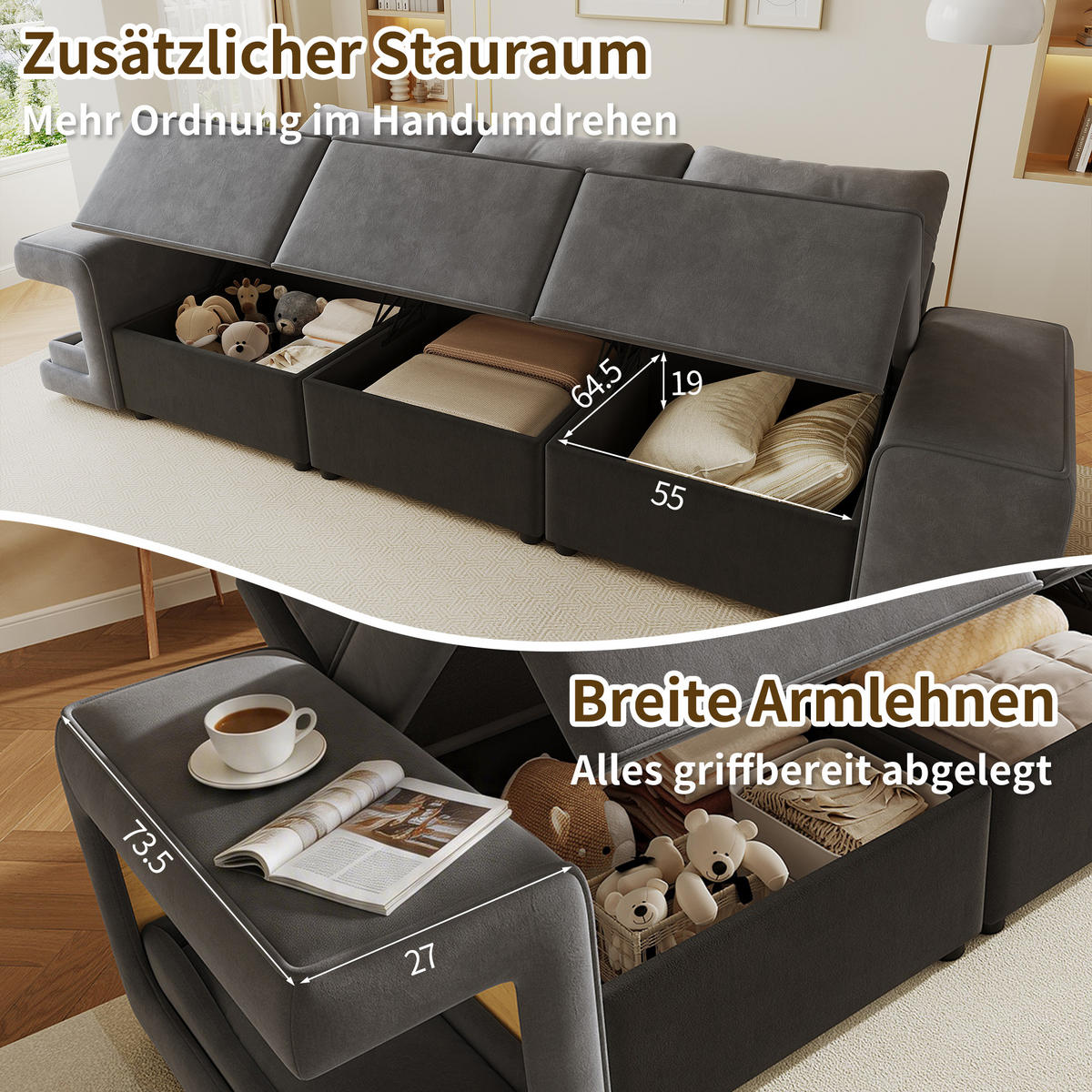 SOFA Grau 3 Sitzer Stauraum breite Armlehnen Kissen - Grau, Textil (78/84/229.5cm) - FLIEKS