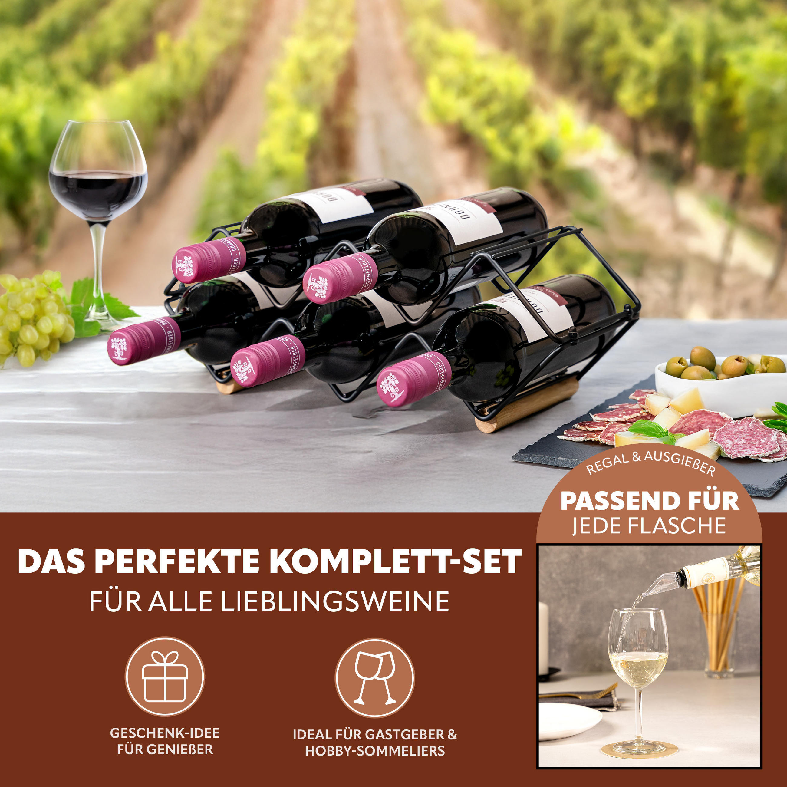 WEINREGAL-SET 6tlg, Metall, schwarz - Schwarz, Metall (39/14.5/15cm) - eluno