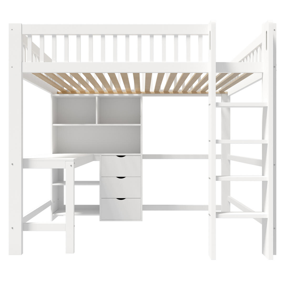 HOCHBETT 140/200 cm, Weiß mit Schreibtisch, 3 Schubladen, ohne Matratze - Weiß, Holzwerkstoff (140/200cm) - MIVRAY