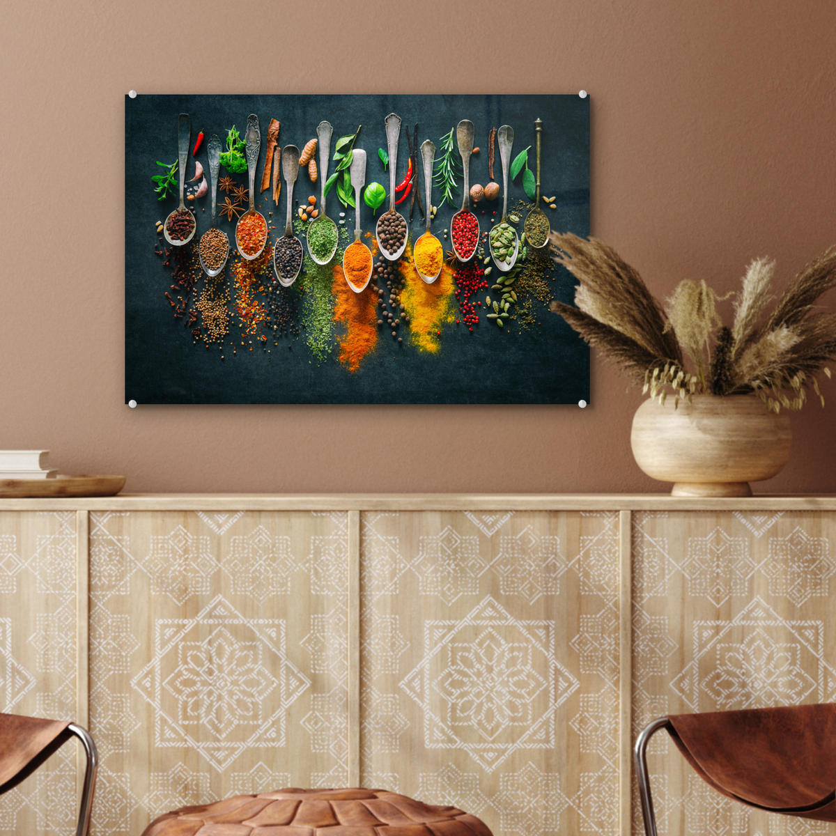 ACRYLGLASBILD Kräuter - Gewürze - Löffel 60x40 cm - Currygelb, Glas (60/40cm) - MuchoWow