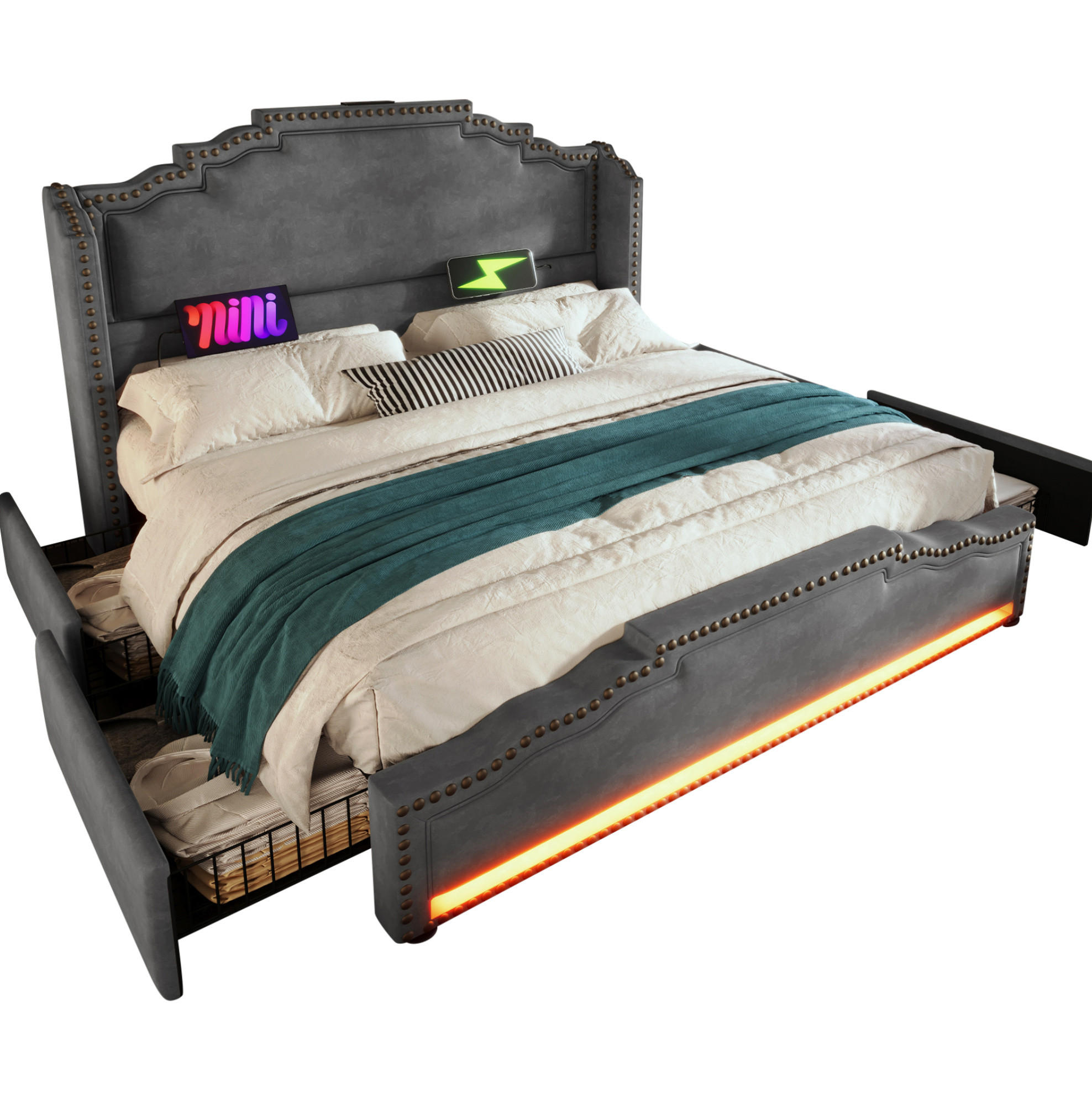 POLSTERBETT 180/200 cm aus Samt mit 4 Schubladen, LED und USB-/USB-C-Anschluss, Grau - Grau, Textil (180/200cm) - Redom