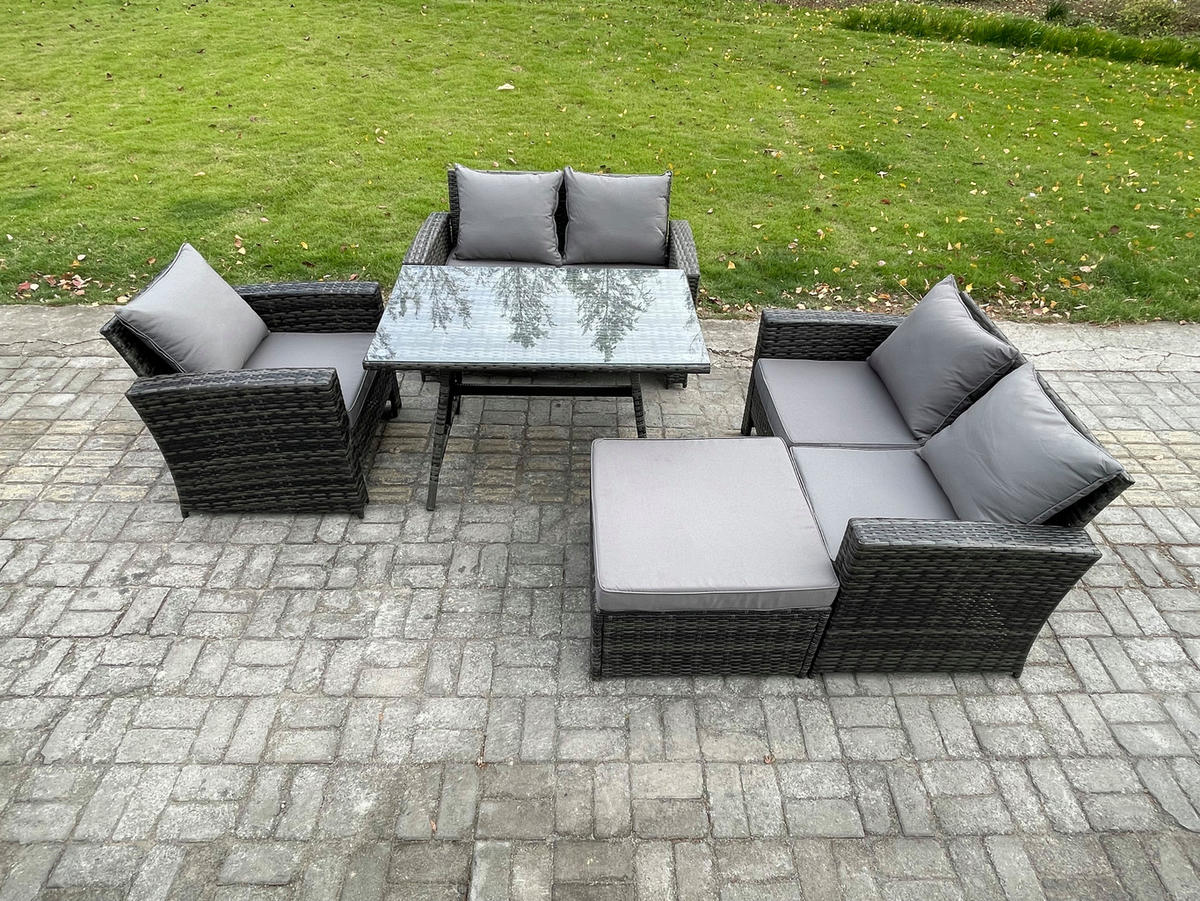GARTENMÖBELSET mit ESSTISCH,HOCHLEHNER-SOFA Polyrattan Dunkelgrauer Mix 6-Sitzer - Dunkelgrau/Grau, Glas/Kunststoff - Fimous