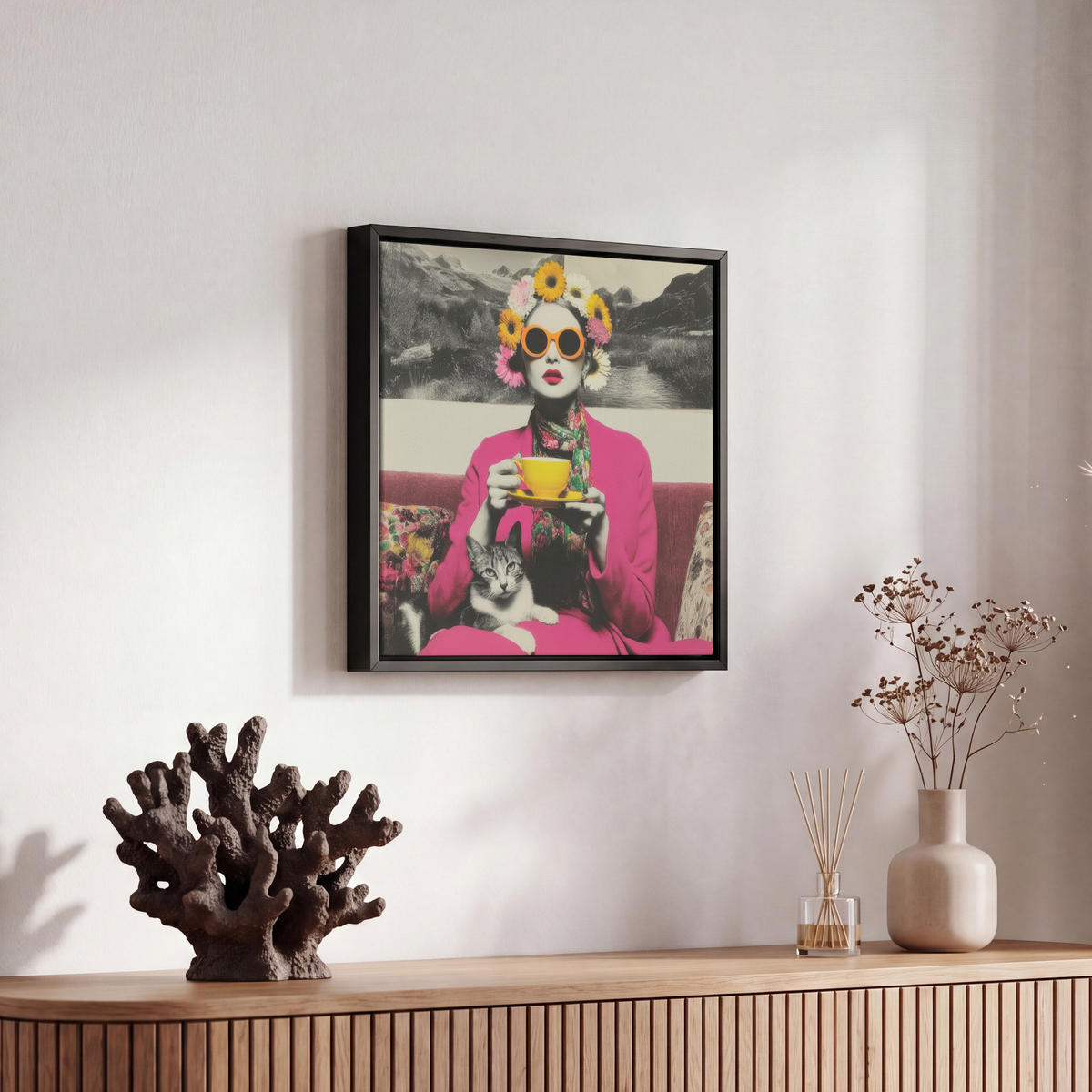 LEINWAND Bilder mit Rahmen - Frau - Katze - Blumen - Tasse - Retro - 20x20 - Magenta, Textil (20/20cm) - MuchoWow