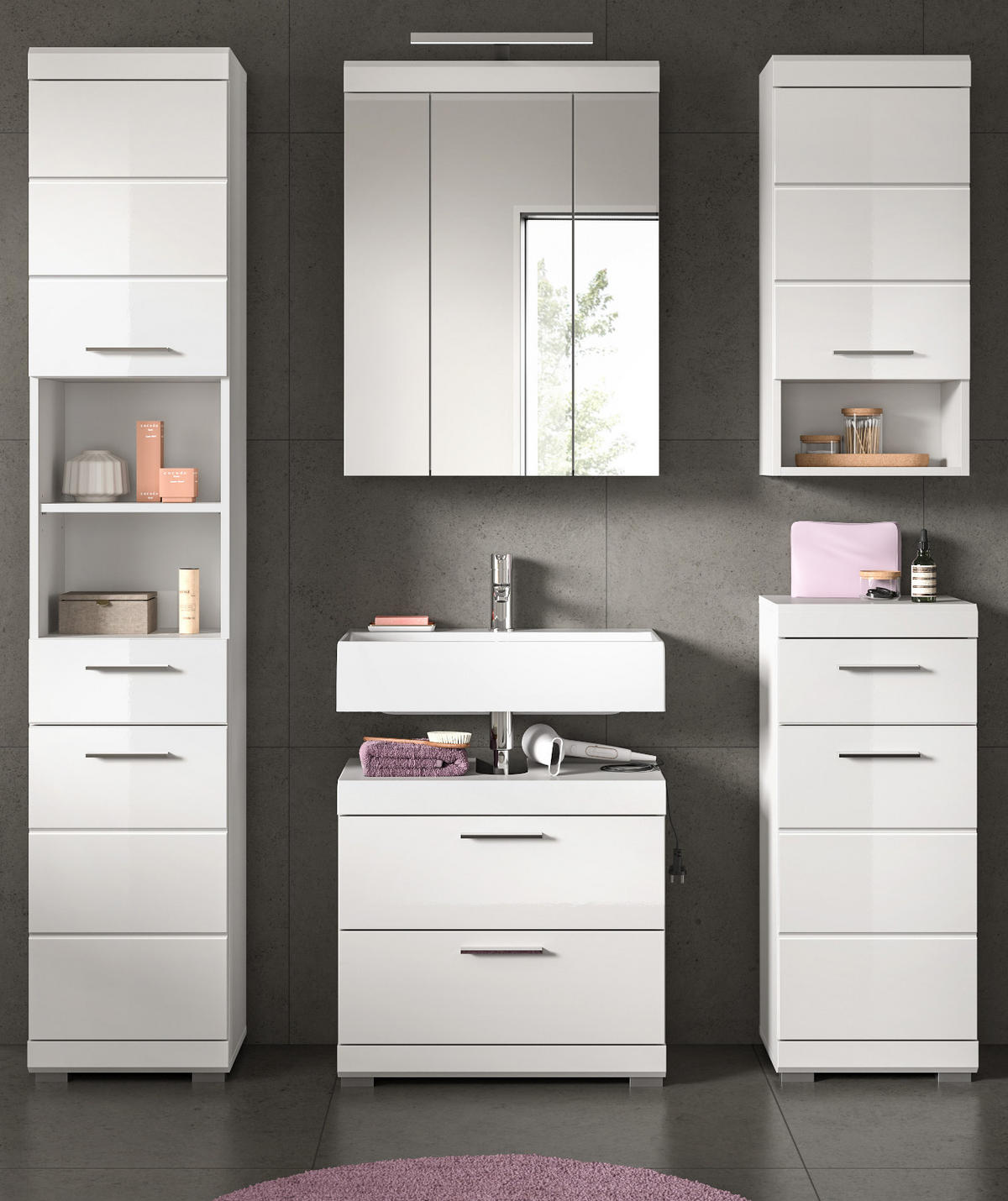 BADMÖBEL-SET weiß Hochglanz 5-teilig 164 cm, Komplettset mit viel Stauraum - Weiß Hochglanz, Glas/Holzwerkstoff (164/191/37cm) - Inn.Furn