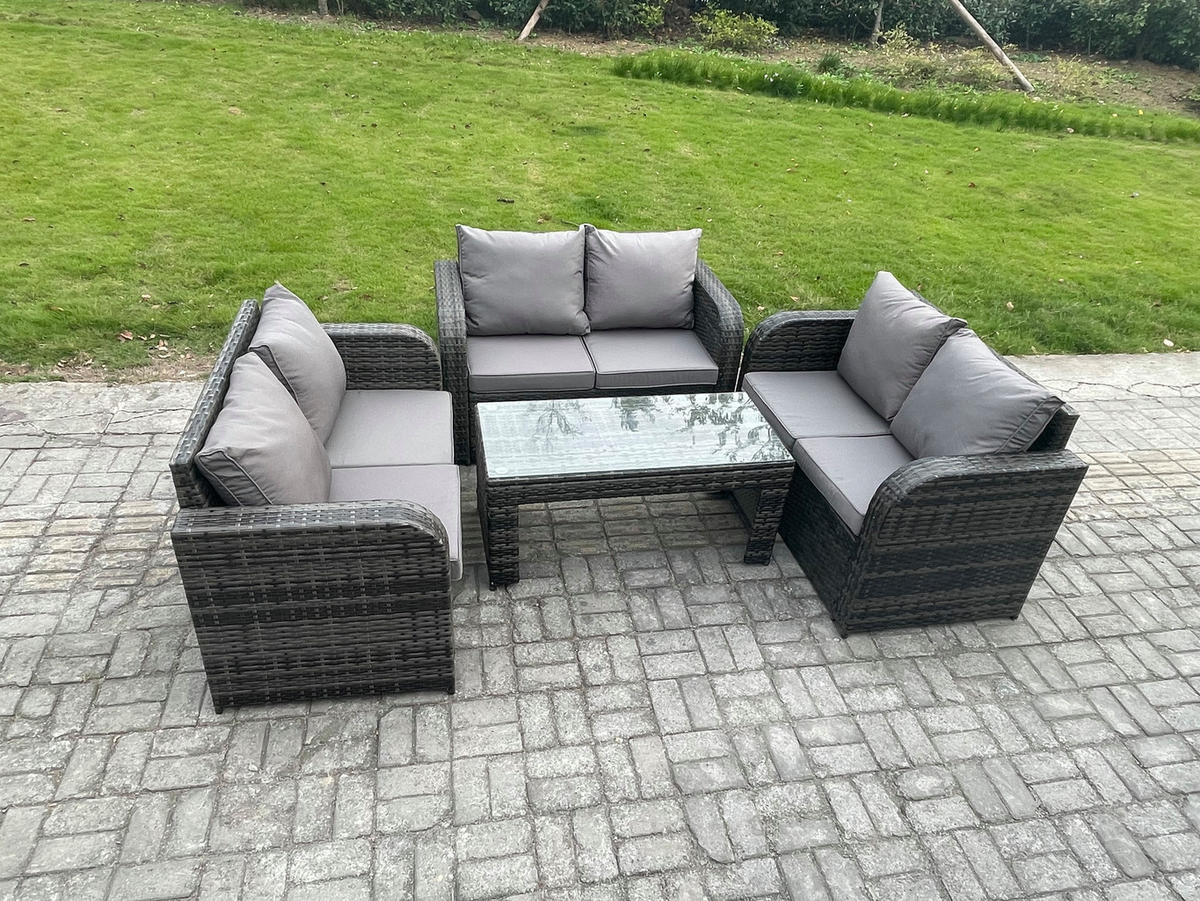 GARTENSOFA SET mit rechteckigem COUCHTISCH Polyrattan 6-Sitzer Dunkelgrau - Dunkelgrau/Grau, Glas/Kunststoff - Fimous