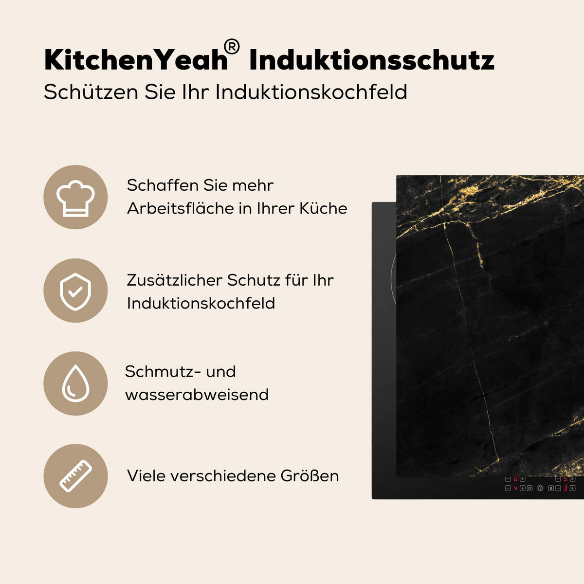 HERDABDECKPLATTE Marmor - Schwarz - Gold - Chic - Marmoroptik - Design Induktionsmatte 77x59 cm - Schwarz, Kunststoff (77/59/0.2cm) - MuchoWow