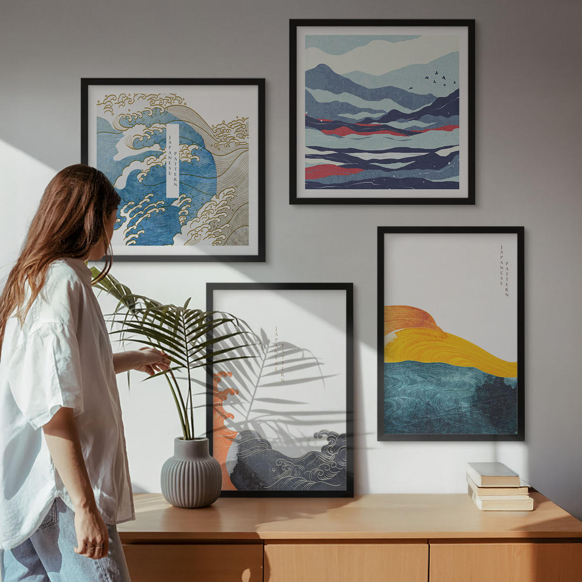 BILDER SET 4er Set - 50x50 cm & 40x60 cm Schwarzer Rahmen - Wellen – Japanische Kunstgrafik - Schwarz, Kunststoff (50/50cm) - TULUP