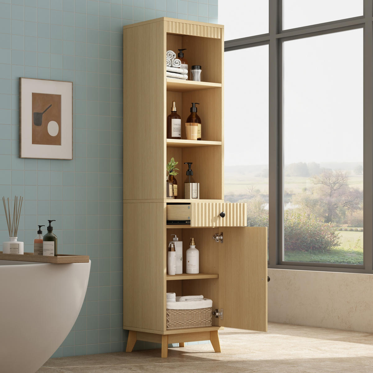 HOCHSCHRANK Naturfarben mit wendbarer Tür und vertikal geriffelter Front, 40 × 36 × 172 cm - Naturfarben, Holzwerkstoff (40/172/36cm) - Luhomfu