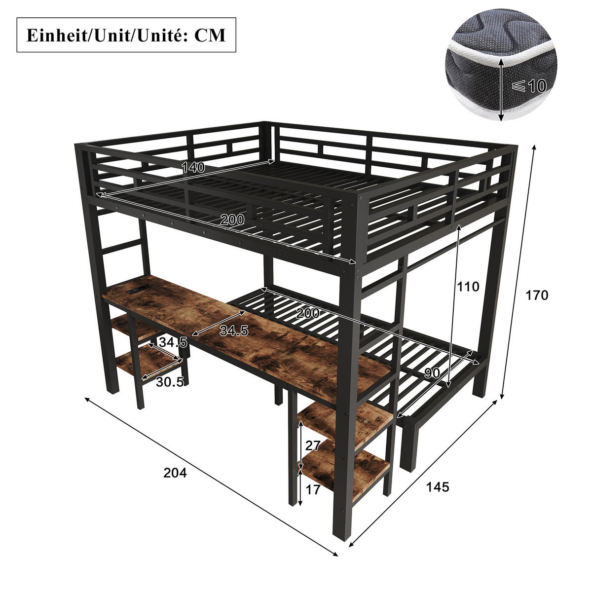 ETAGENBETT 140/90/200 cm mit Schreibtisch, DE-41769, in Schwarz - Schwarz, Metall (140/200cm) - ComfortXL