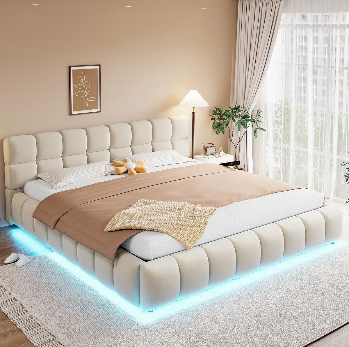 POLSTERBETT 180/200 cm aus Samtstoff mit LED-Beleuchtung und hydraulischem Stauraum Beige - Beige, Textil (180/200cm) - Modenvie