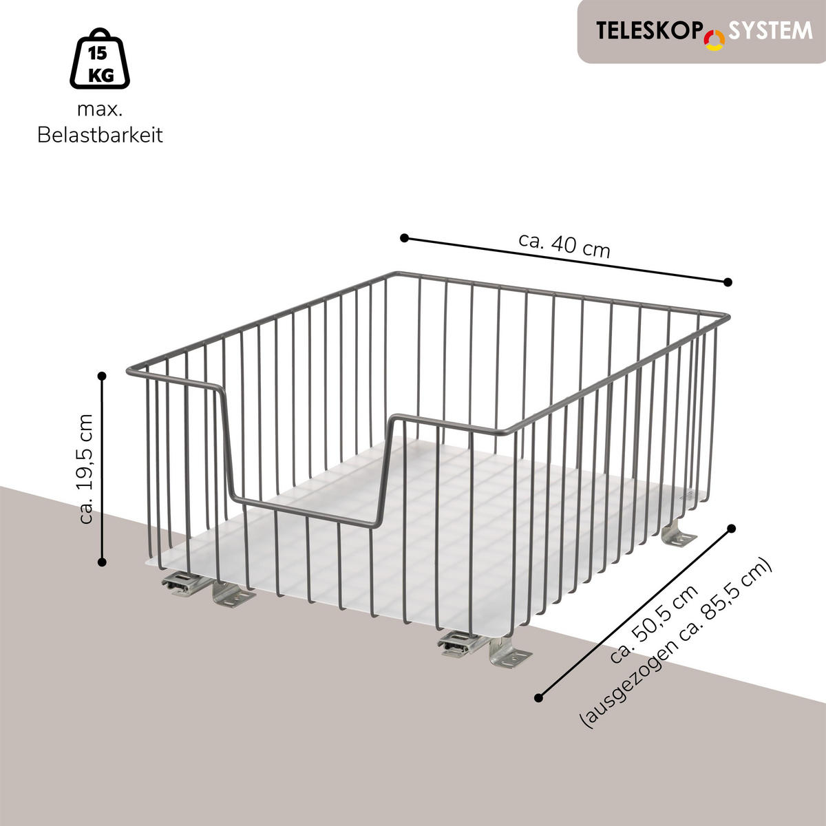 SCHRANK-KORBAUSZUG 40 cm, grau, Metall - Grau, Metall (40/23/50.5cm) - bremermann