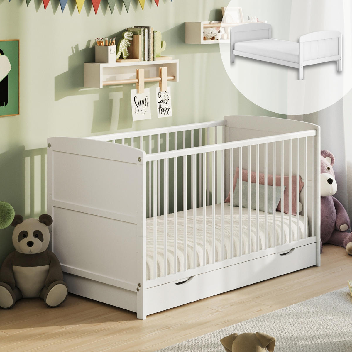 BABYBETT 60x120 mit Schublade Weiß - Weiß, Holz (60/120cm) - Home Collective