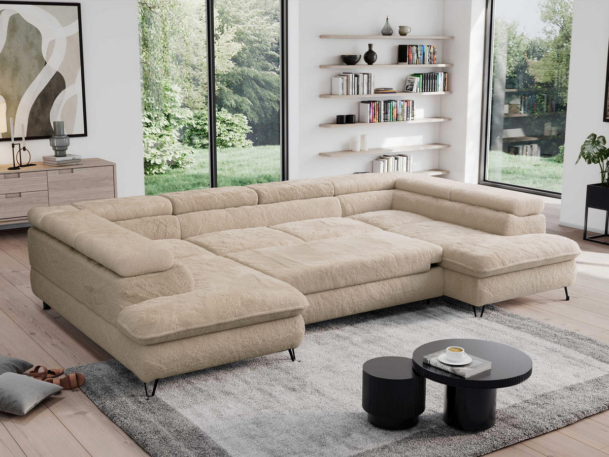 WOHNLANDSCHAFT PETER U Plüsch Beige - Beige/Schwarz, Textil/Metall (346/76/208cm) - MKS